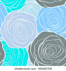 Abstract background composition with rose flowers in blue colors, splashes, doodles and stylized flowers. Summertime vector floral seamless pattern.