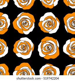 Abstract background composition with rose flowers in orange colors, splashes, doodles and stylized flowers. Summertime vector floral seamless pattern.