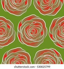 Abstract background composition with rose flowers in red, green and neutral colors, splashes, doodles and stylized flowers. Summertime vector floral seamless pattern.