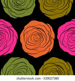 Abstract background composition with rose flowers in orange, green and pink colors, splashes, doodles and stylized flowers. Summertime vector floral seamless pattern.