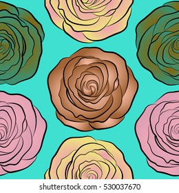 Abstract background composition with rose flowers in pink, brown and yellow colors, splashes, doodles and stylized flowers. Summertime vector floral seamless pattern.