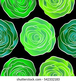 Abstract background composition with rose flowers in green and blue colors, splashes, doodles and stylized flowers. Summertime vector floral seamless pattern.
