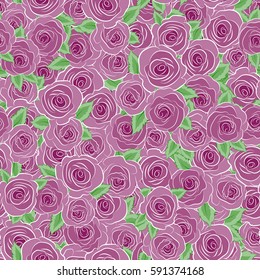 Abstract background composition with rose flowers in purple and blue colors, splashes, doodles and stylized flowers. Summertime vector floral seamless pattern.