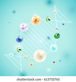 Abstract background with composition of spheres. Shining spheres with an abstract pattern in the form of a DNA molecule. Vector illustration.