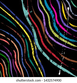 abstract background composition, with stripes/waves, strokes and splashes, on black 