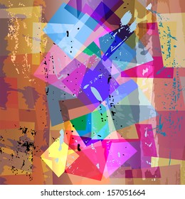 abstract background composition, with strokes, splashes and trapeze, halftone, colorful