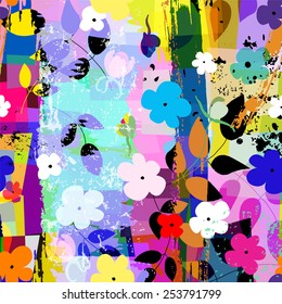 abstract background composition, with strokes, splashes and little flowers