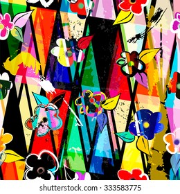 abstract background composition, with strokes, splashes and little flowers