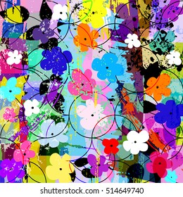 abstract background composition, with strokes, splashes, circles and little flowers