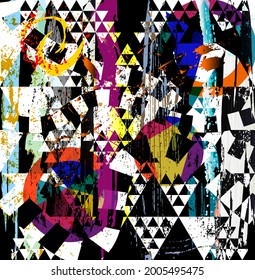 abstract background composition, with triangles, paint strokes, splashes and circles, black and white