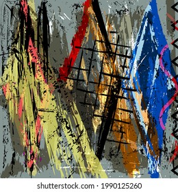 abstract background composition, with triangles, squares, stripes, paint strokes and splashes