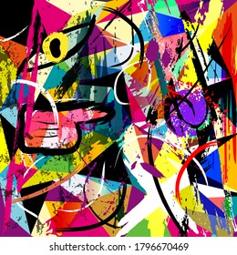 abstract background composition, with triangles, stripes, paint strokes and splashes