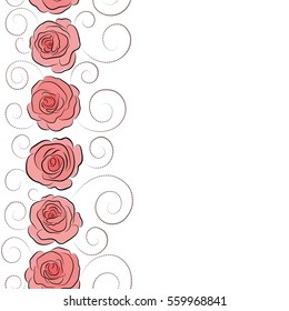 Abstract background composition with vertical rose flowers in white, pink and neutral colors, splashes, doodles and stylized flowers. Summertime vector floral seamless pattern with place for your text