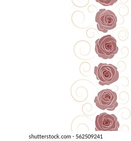 Abstract background composition with vertical rose flowers in beige and red colors, splashes, doodles and stylized flowers. Summertime vector floral seamless pattern with place for your text.