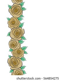 Abstract background composition with vertical rose flowers in yellow and green colors, splashes, doodles and stylized flowers. Summertime vector floral seamless pattern with place for your text.