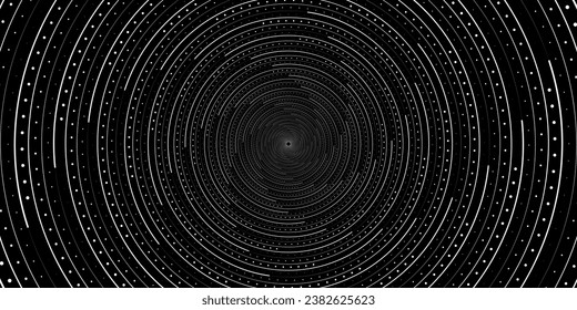 Abstract background with concentric circles in black and white colors. Radiating lines. Vector Illustration.