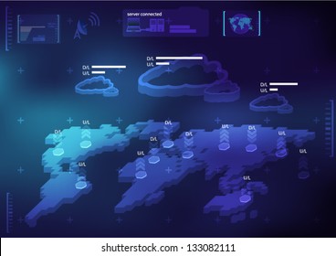 abstract background Concept of cloud computing. world map up load and down load
