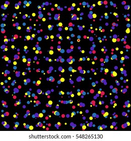 Abstract background with confetti on black background. Seamless pattern in vector. Illustration for design invitation of party, holiday, wedding, birthday