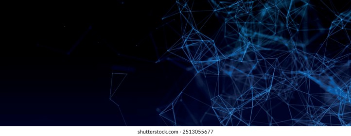 Fundo abstrato com pontos e linhas de conexão. Fundo futurista feito de triângulos. Estrutura de conexão de rede. Efeito plexo. Banner de tecnologia ou ciência widescreen. Ilustração vetorial.