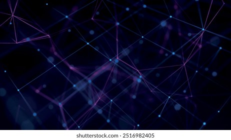 Fundo abstrato com pontos e linhas de conexão. Estrutura de conexão de rede. Tecnologia de dados e ilustração científica. Efeito plexo. Ilustração de vetor 3D
