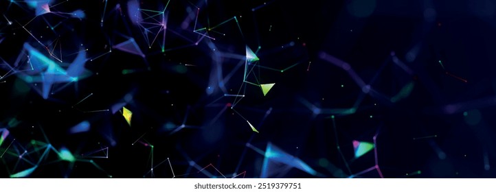 Fondo Abstractas con puntos y líneas de conexión. Fondo futurista hecho de triángulos. Estructura de conexión de red. Efecto plexo. Tecnología de pantalla ancha o Anuncio científico. Vector 3D 