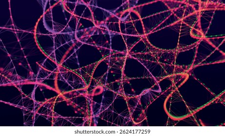 Fundo abstrato com pontos e linhas de conexão. Conexões neurais. Estrutura de conexão de rede. Efeito tecer. Ilustração vetorial abstrata 3D.