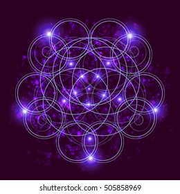 Abstract background with consecrated symbols of sacred geometry, outer space and luminous stars. Vector illustration