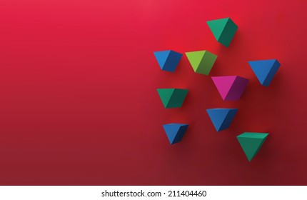 Abstract background consisting of colorful triangles on red background. 3d template.