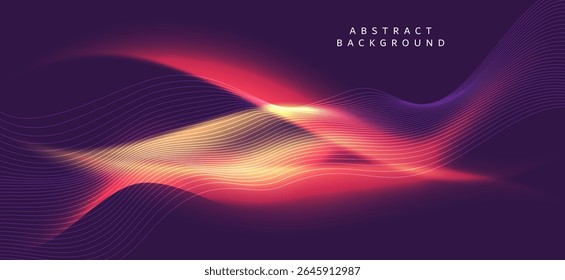 Abstract background consisting of curved lines and waves on a dark purple background. These lines are gradient from light yellow to dark blue.