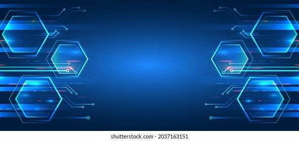 Abstract background consisting of hexagons and glowing stripes on a blue background. Technology futuristic concept.