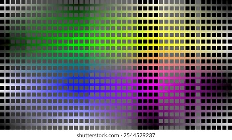 Fundo abstrato que consiste de quadrados que transitam por várias cores, incluindo verde, azul, amarelo, roxo e rosa, com pixels pretos na parte superior.