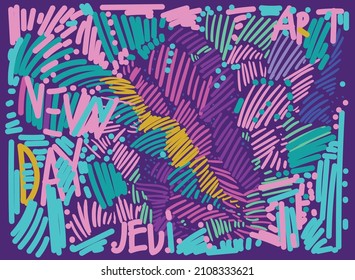 Abstract background consisting of stripes and letters. Written: new day, jedi and art. Multicolored stripes turquoise, pink, blue, yellow, purple. phone wallpaper, desktop wallpaper, computer