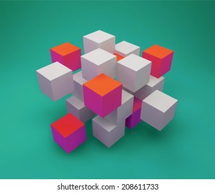 Abstract background consisting of white and pink, orange cubes. 