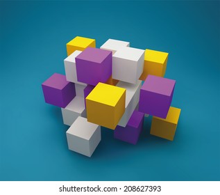 Abstract background consisting of white, purple, yellow 3d cubes.