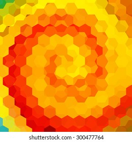 abstract background consisting of yellow, red, orange  hexagons twisted into a spiral, vector illustration