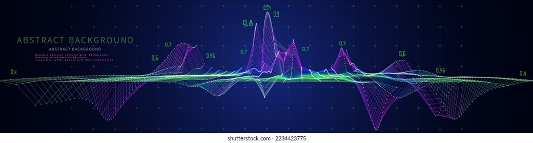 El fondo abstracto contiene la cuadrícula de color y los datos sobre el azul oscuro. Tecnología 3d concepto de poligonalia ondulada. Análisis de presentación de datos gráficos. Grandes datos. Cartel para negocios, ciencia y tecnología.