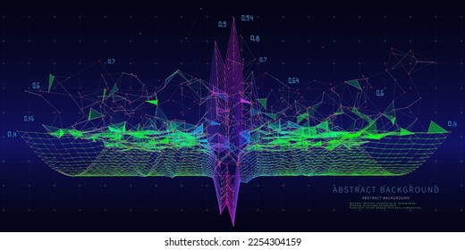 Abstract background contain wireframe color graph and chaotic tangle data on dark blue. Big Data. Technology polygonal concept in web virtual space.  Banner for business, science and technology data.