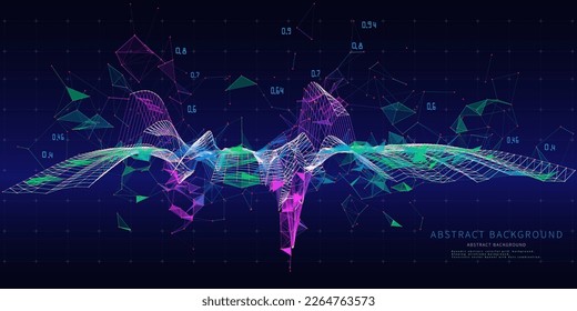 Abstract background contain wireframe graph in chaotic tangle data on dark. Technology polygonal concept in web virtual. Banner for business, science and technology data analytics representation.