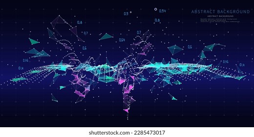Abstract background contain wireframe graph in chaotic tangle data on dark. Big Data. Technology polygonal concept in web virtual space. Banner for business, science and technology data analytics.
