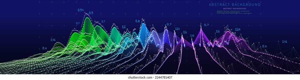 Abstract background contain wireframe wavy graph with data on dark blue.  Technology polygonal concept in web virtual space. Big Data.  Banner for business, science and technology data analytics.  