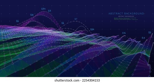 Abstract background contain wireframe wavy graph with data and dots on dark blue. Technology polygonal concept in web virtual. Big Data. Banner for business, science and technology data analytics.  