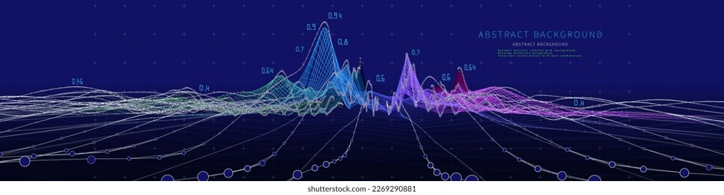 Abstract background contain wireframe wavy graph with data and dots dark blue.Technology polygonal concept in web virtual space. Big Data. Banner for business, science and technology data analytics.  