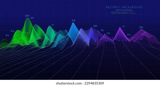 Abstrakter Hintergrund enthält einen drahtlosen Rahmenwavy-Graphen mit Daten auf dunkelblauem Hintergrund. Technologie-Polygonal Konzept im virtuellen Web-Raum. Banner für Business-, Wissenschafts- und Technologiedatenanalyse. Big Data. 