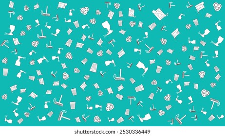  Abstract background contains Clean icon a broom, trash can, plate, sprayer, dishwashing sponge with outline suitable for banner or marketing poster about activities house cleaning