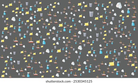  Abstract background contains Clean icon a broom, trash can, plate, sprayer, dishwashing sponge with outline suitable for banner or marketing poster about activities house cleaning