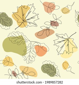Fondo abstracto de líneas continuas de hojas, ramas, bellotas y manchas pintadas sobre un fondo pastel. Diseño para tela, página, portada, papel pintado. Patrón vectorial sin cable.