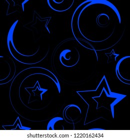Abstract background, contours of decorative stars and curls on a dark night sky background creative pattern for design of fabric, wallpaper, web site, drawing of New Year's decoration of the substrate