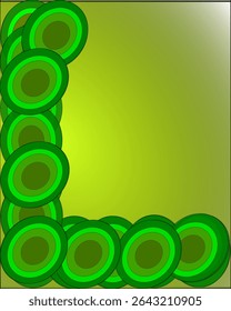 Abstract background with copy space featuring a circular shape against a green and yellow background, emphasizing color contrast. Concentric circles in varying shades of green form an L-shape pattern 