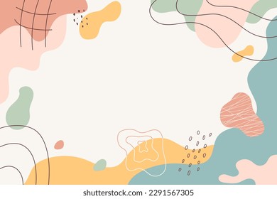 Abstract background. Copy space. Hand drawn various geometric organic shapes, lines, spots, drops. Template frame, border for inscriptions. Geometric shapes forms lines. Vector illustration