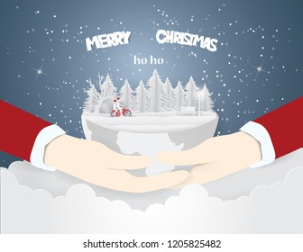 Abstract background with Couple riding a red bike in forest with snow in the winter season and Merry Christmas concept ,Paper art and Illustration